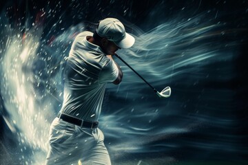 A golfer swinging a club as they attempt to drive the ball towards the hole, captured mid-motion.
