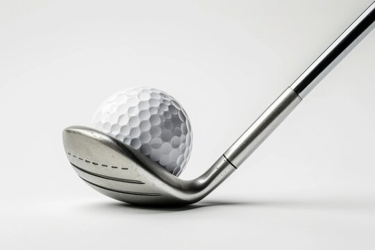 An image of a golf ball and club against a stark white background. The dimples on the ball and the grooves on the club are captured in exquisite detail