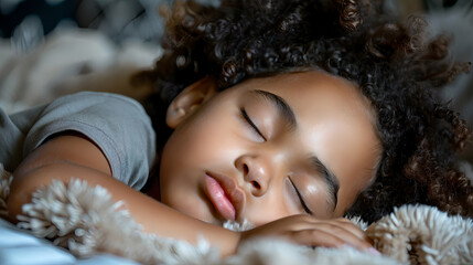 A cute little child with curly hair is sleeping on a bed.