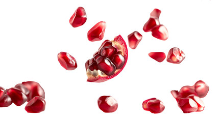 Falling pomegranate seeds isolated on transparent background