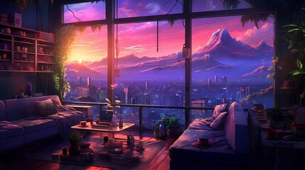 Anime manga style empty room with jungle view and hip-hop lights: a colorful and cozy lofi scene