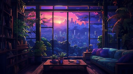 Anime manga style empty room with jungle view and hip-hop lights: a colorful and cozy lofi scene