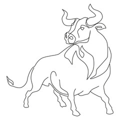 Bull one line drawing. Digital minimalist print. Line animal on a white backgraund.