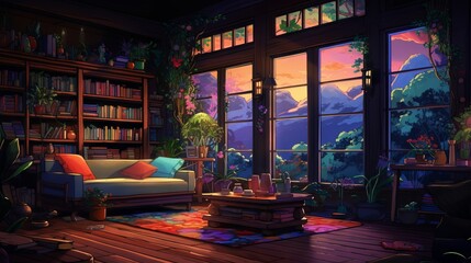 Anime manga style empty room with jungle view and hip-hop lights: a colorful and cozy lofi scene