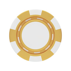 3D gold and white casino chip rendering, front view. Casino, gambling game object, betting symbol. Online gambling token for slot, poker, roulette, blackjack tool three dimensional vector illustration