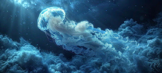 Beautiful luminous jellyfish floating in the mysterious sea. Breathtaking underwater scene. - obrazy, fototapety, plakaty