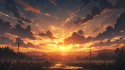 Foto op Canvas Anime-style illustration of a colorful sunset with moonlight and dramatic shadows © Ameer