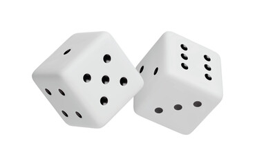 White dice with random numbers of black dots 3D rendered. Gambling objects to play craps and poker, casino, tabletop or board games realistic three dimensional vector illustration