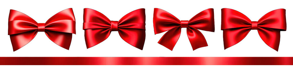 Set of insulated red satin bows and ribbon for decorating gifts on a transparent background