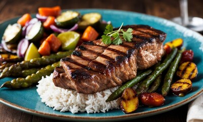 A savory grilled steak rests on a bed of white rice, accompanied by an array of grilled vegetables. The vibrant colors of the vegetables contrast beautifully with the charred lines on the steak