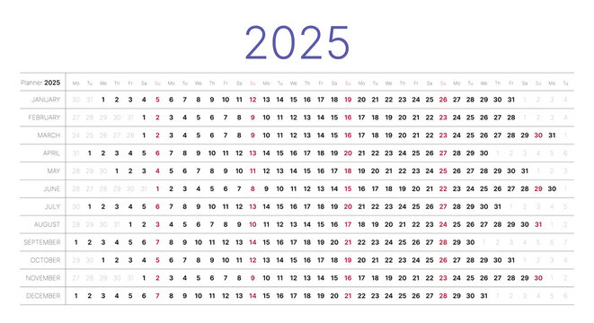 Calendar for 2025 year design template, week starts Monday. Schedule page journal, stationery calendar, organizer, 12 month vector illustration, minimalist style vector illustration