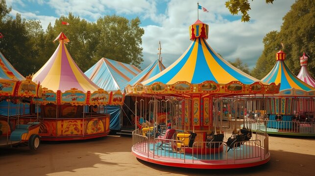 A carnival with colorful tents and whimsical rides