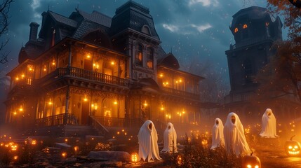 A haunted mansion with ghostly figures and flickering lights - obrazy, fototapety, plakaty