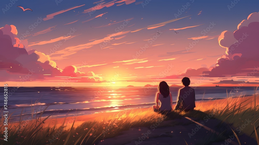 Poster Anime-style couple relaxing on the beach and watching the sunset. Seamless loop animation.