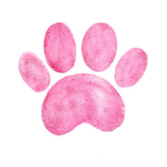 Obraz na płótnie Canvas Silhouette of a pet's paw. Isolated on white background. Pink color. Watercolor. Trace, imprint. Cat, dog. Baby shower. It's a girl. Decor.