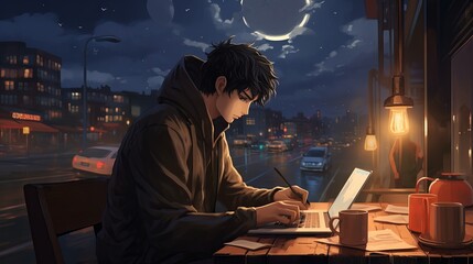 Anime boy studying with lofi music in a cozy room on a rainy day - 4k wallpaper and streaming background - obrazy, fototapety, plakaty