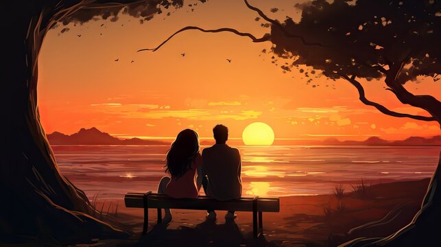 Anime-style couple relaxing on the beach and watching the sunset. Seamless loop animation.