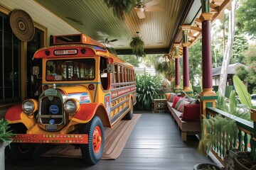 A Manila jeepney parade transforms the porch of a craftsman-style dwelling, merging Filipino...