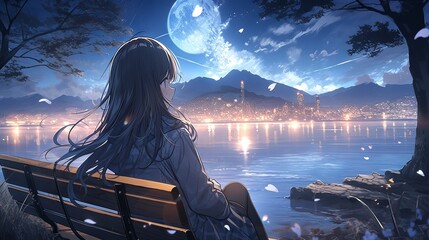 Cute anime girl admiring the moonlit night by the lake in a Japanese city with cherry blossoms