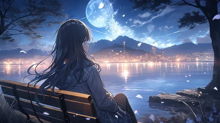 Tuinposter Cute anime girl admiring the moonlit night by the lake in a Japanese city with cherry blossoms © Ameer