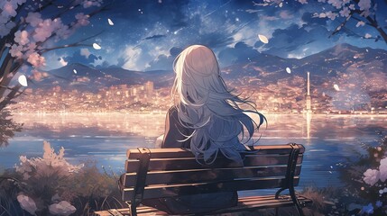 Cute anime girl admiring the moonlit night by the lake in a Japanese city with cherry blossoms - obrazy, fototapety, plakaty