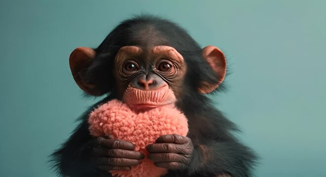 Cute monkey chimpanzee holding red heart. Pastel green background. Happy monkey for St. Valentine's Day party. Happy Valentine's Day 4k video funny