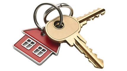 Home keys with house shaped keychain on transparent background 
