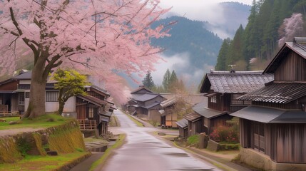 A traditional Japanese village during cherry blossom season