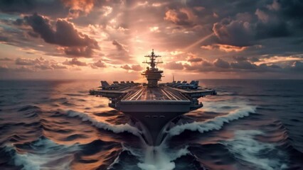 a conventional military aircraft carrier carrying fighter jets during special operations in a war zone. Wide poster design with copy space