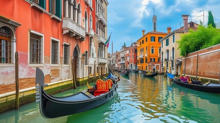 A Venetian canal with gondolas and colorful buildings