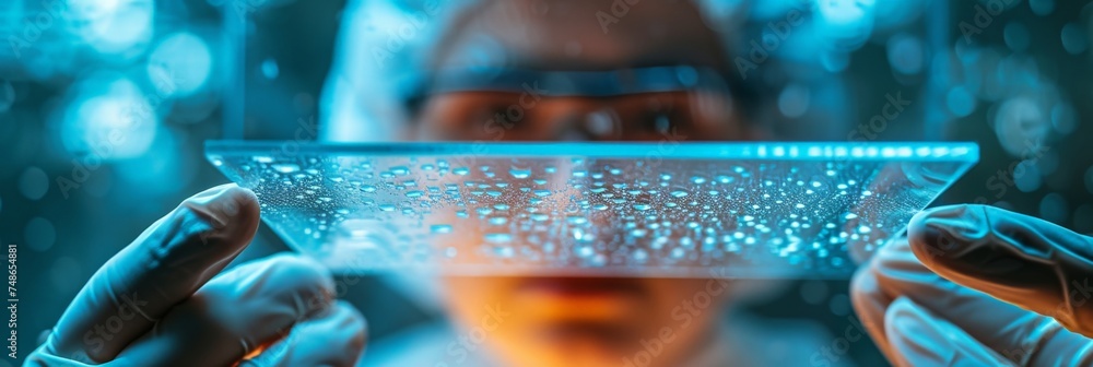 Poster scientist examining water droplets on glass slide in laboratory environment, closeup view with lab c