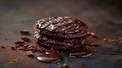 Chocolate melting on chocolate biscuit. - obrazy, fototapety, plakaty