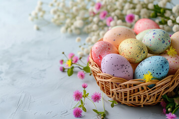 Obraz na płótnie Canvas Vibrant Easter Basket with Speckled Eggs and Spring Flowers.