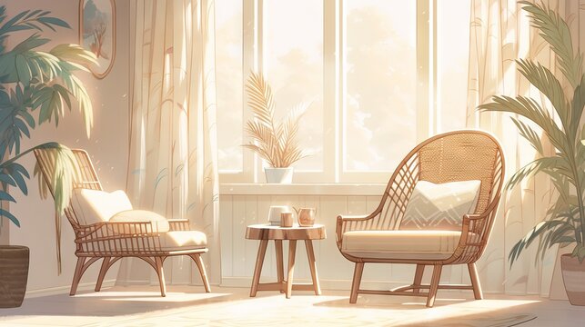 Boho room interior with wicker armchair and vase on empty beige wall. Bright natural light from window. Anime-style illustration for promotion or decoration.