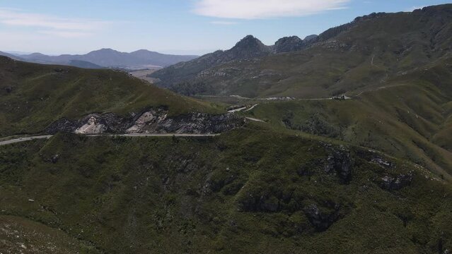 Bird view across the outeniqua South Africa mountain pass and the curvy roads