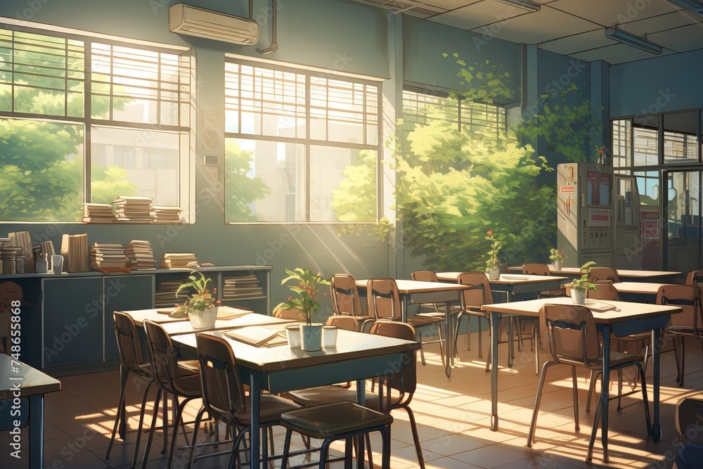 Poster aesthetic view of an empty classroom with muted colors and natural light