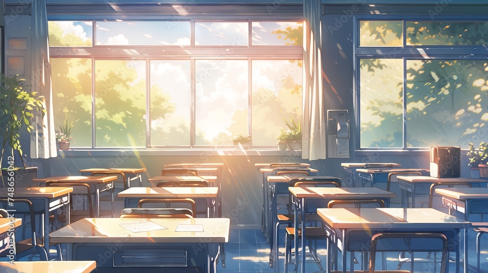 Poster aesthetic view of an empty classroom with muted colors and natural light