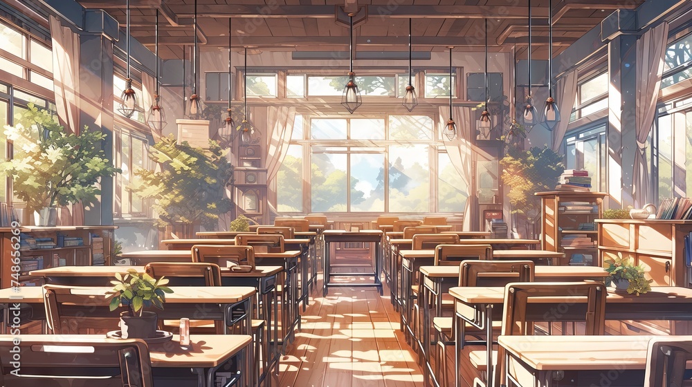 Poster aesthetic view of an empty classroom with muted colors and natural light