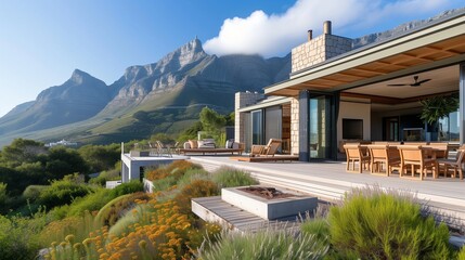 Fototapeta na wymiar A Cape Town craftsman house, with an outdoor braai area, panoramic mountain views, and native fynbos landscaping