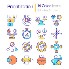 Prioritization methods RGB color icons set. Time management, process optimization. Scheduling systems. Isolated vector illustrations. Simple filled line drawings collection. Editable stroke