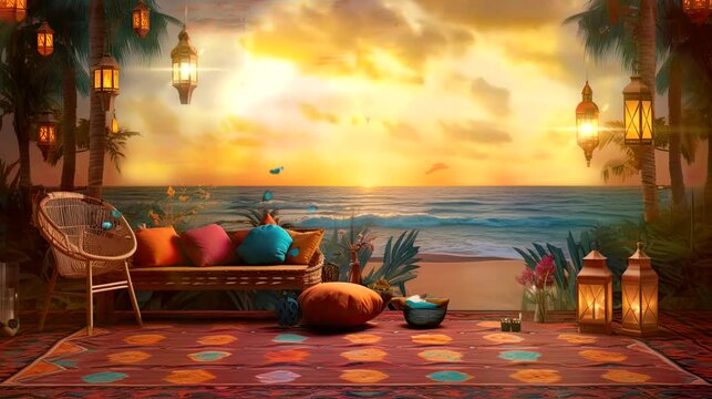 a vibrant and festive wallpaper illustrating a beachside suhoor picnic, lanterns, and a view of the sunrise over the ocean. seamless looping time-lapse virtual 4k video animation background