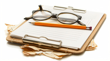 Clipboard with glasses, pencil with pieces of paper.
