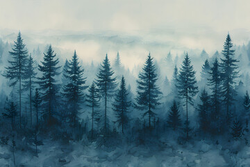 Foggy winter landscape with coniferous forest. Digital painting