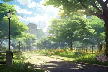 Naklejka premium A serene view of an empty park with a bench and a fountain in a muted color scheme