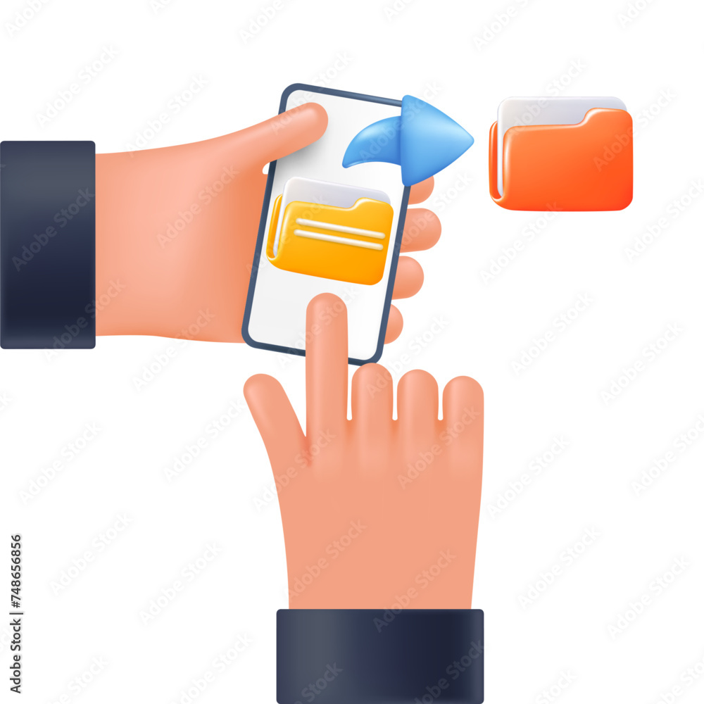 Poster folder with files, folder with documents on the phone in the user's hand, 3d style for graphic desig