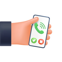 Obraz premium Сall on the phone in the user's hand, 3d style for graphic design. Hand with phone in vector cartoon comic style.