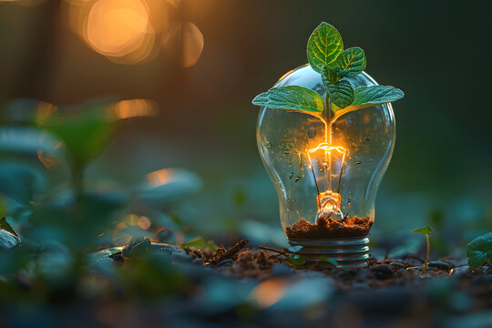 Close-up on a light bulb with a light and a green plant