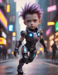 A remarkably lifelike robotic girl traverses a neon-lit urban night, her advanced cybernetic design blending in with the city's futuristic vibe. AI generation