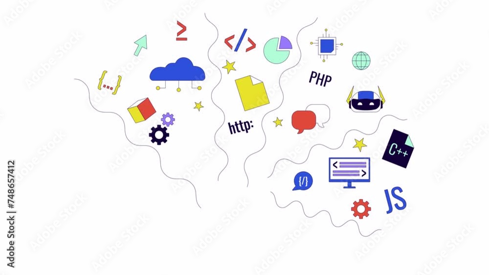 Poster software development process line 2d object animation. digital services blust. ai in programming fla