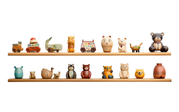 A couple of shelves are filled with various animals, such as figurines, miniatures, and toys. The animals are arranged neatly on the shelves, creating a display of different species in a small space.